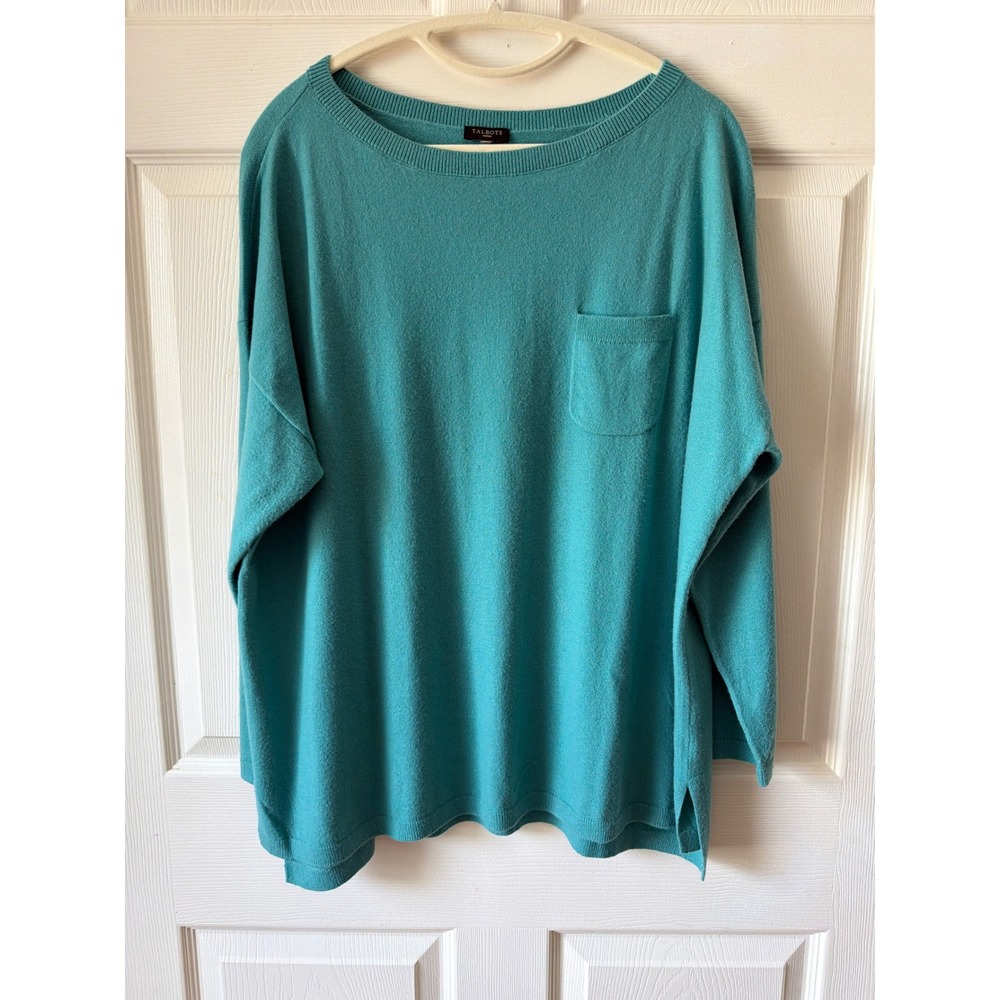 Talbots Sweater Women 2X Teal Lambswool Blend Pocket Oversized Casual Cozy